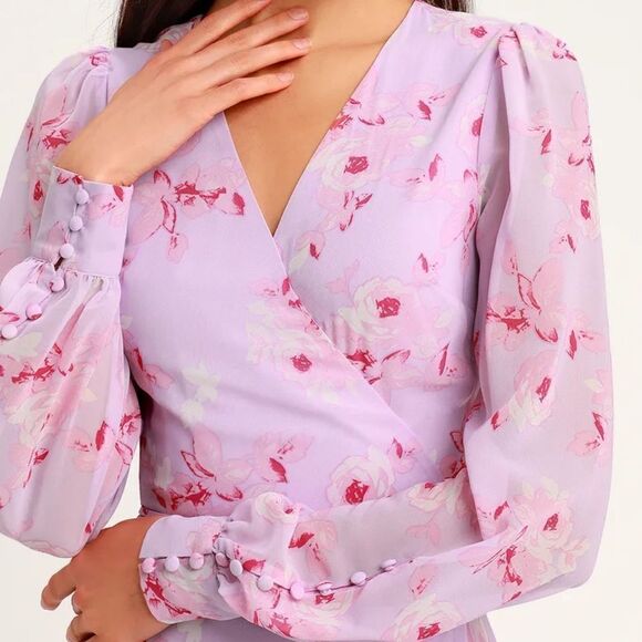 Lulu’s My Whole Heart Lavender Floral Print Long Sleeve Wrap Dress Size Small - Picture 4 of 11